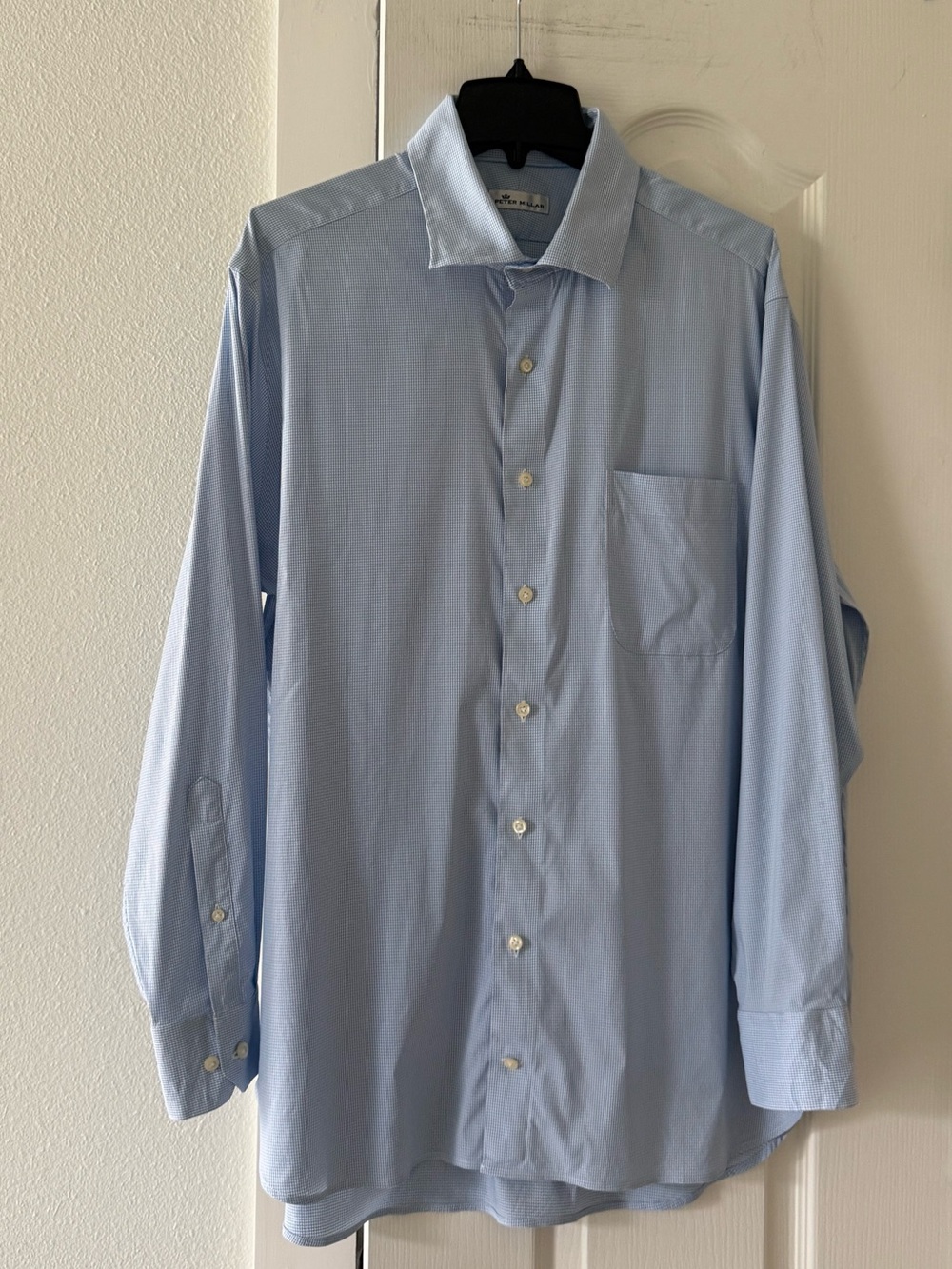 Peter Millar Crown Sport Men’s 17.5 Long Blue Gingham Stretch Dress Shirt